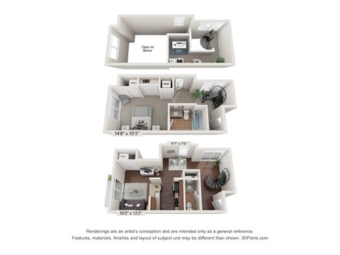 Floor plan for 1 bed, 1.5 baths, 1131 sqft